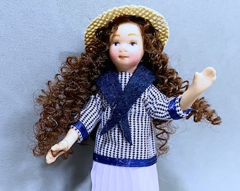 Dollhouse Miniature Porcelain Dressed  Girl Doll 1:12 Scale