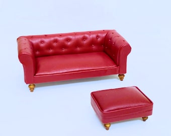 Puppenhaus Rot Leder Chesterfield Sofa Miniatur 1:12 Wohnzimmer Möbel