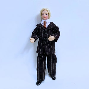 Dollhouse Miniature Porcelain Dressed Male Doll in Pin Stripe Suit