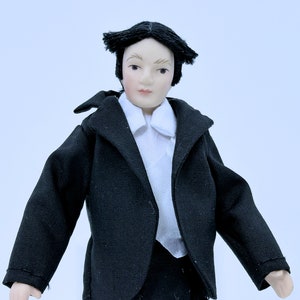 Dollhouse Miniature Dressed Porcelain Male Doll In Black Suit & White Shirt 1:12 Scale