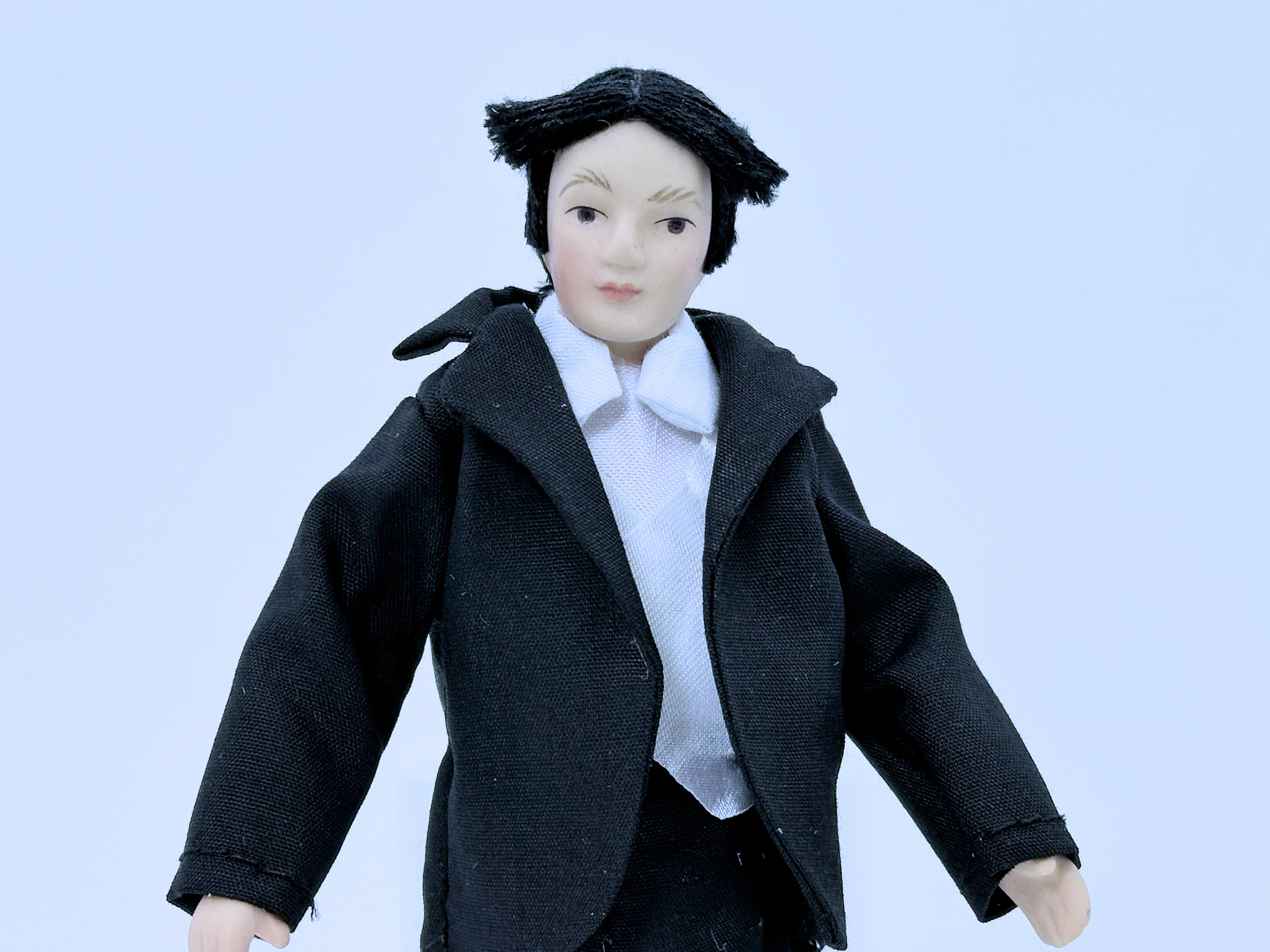 Dollhouse Miniature Dressed Porcelain Male Doll In Black Suit & White Shirt 1:12 Scale