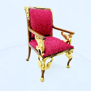 Dollhouse Miniature Wooden Walnut Empire Style Arm Chair Upholstered in Dark Red  1:12 Scale