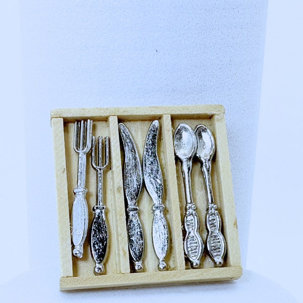 Dollhouse Miniature  Cutlery Set/ Silverware For Two In Wooden Case 1:12 Scale