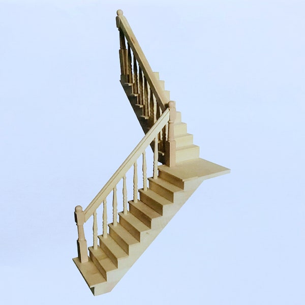 Kit d'escalier et de palier en bois d'angle miniature pour maison de poupée à l'échelle 1:12