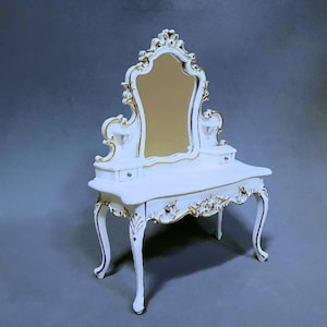 Dollhouse Miniature White Wooden Handmade  Mademoiselle Dressing Table 1:12 Scale