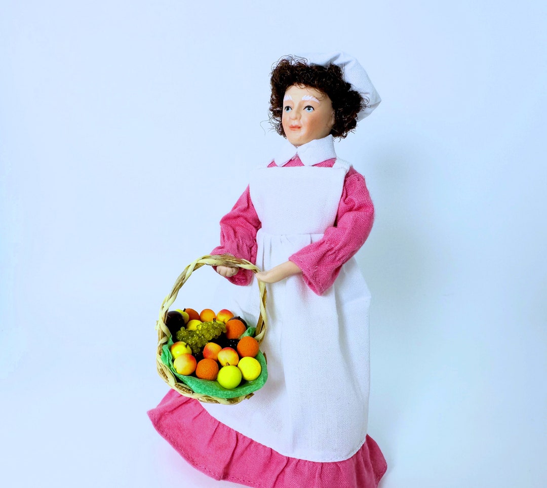 Dollhouse Miniature Porcelain Servant/maid Doll With A Basket of
