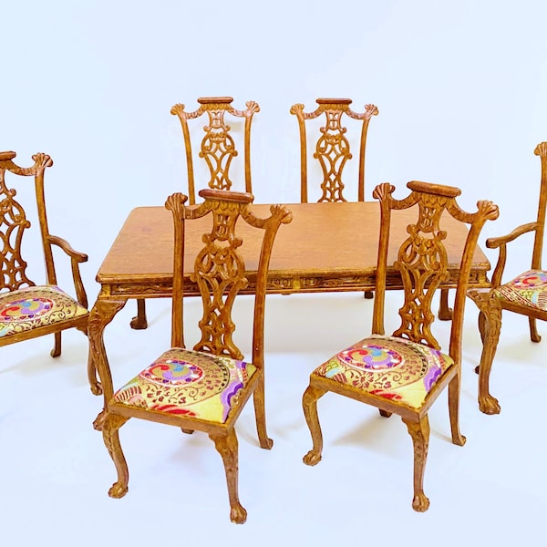 Dollhouse Miniature Wooden Walnut Queen Anne Dinning Room Set 7 PCS. 1 :12 Scale