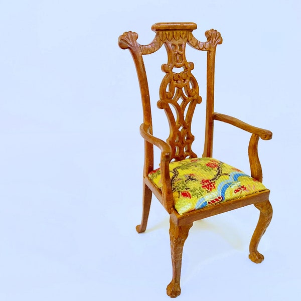 Dollhouse Miniature Walnut Wooden Chippendale / Queen Anne's  Dining Armchair