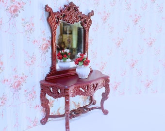 Dollhouse Miniature Wooden Mahogany Victorian Ornate Hall Table With Mirror 1:12 Scale