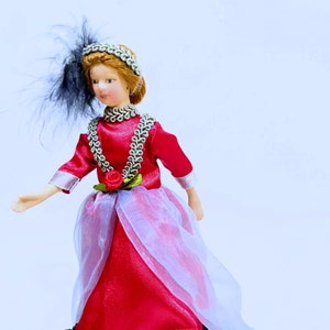 Dollhouse Miniature  Porcelain Victorian Lady Doll Dressed in Red