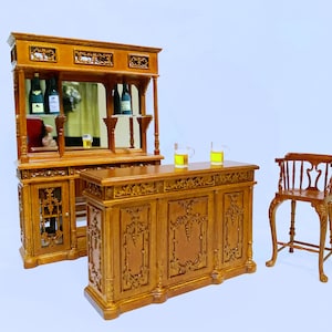2pcs Dollhouse Miniature Hand-made Wooden Walnut Low Bar Counter & Back Bar (ONLY) 1:12 Scale