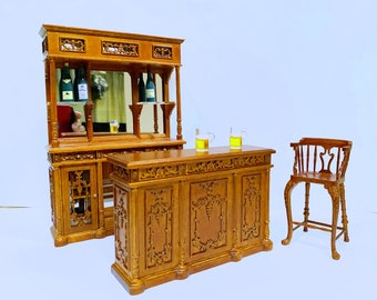 2pcs Dollhouse Miniature Hand-made Wooden Walnut Low Bar Counter & Back Bar (ONLY) 1:12 Scale