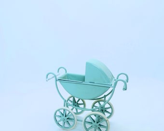 Dollhouse Miniature Light Blue Metal Pram / Stroller 1:12 Scale