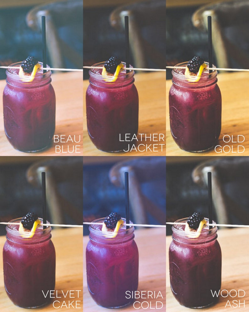 May include: Six mason jars filled with a dark purple liquid, garnished with a blackberry and a lemon twist. Each jar has a straw and a wooden skewer. The jars are arranged in two rows of three, with the names of each drink written below them: Beau Blue, Leather Jacket, Old Gold, Velvet Cake, Siberia Cold, and Wood Ash.