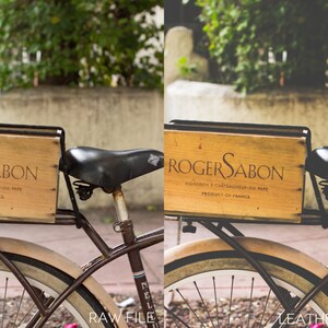 May include: A vintage bicycle with a wooden crate attached to the back. The crate is labeled "Roger Sabon" and says "Richelieu & Chateau Neuf du Pape, Product of France".