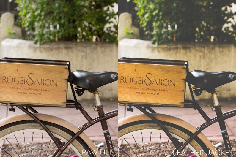 May include: A vintage bicycle with a wooden crate attached to the back. The crate is labeled "Roger Sabon" and says "Richelieu & Chateau Neuf du Pape, Product of France".