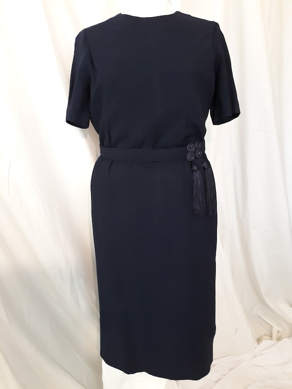 VIntage 1950s, sheath dress, unusual belt and tass