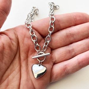 Chunky Silver Heart Necklace/Silver Choker Chain/ Stainless Steel Waterproof Jewellery/ Minimalist Heart Pendant/ gift / Heart Pendant