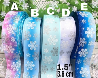 White snowflakes ribbons Frozen grosgrain ribbon.blue snowflakes ribbons Blue snowflake ribbon. 1.5\u201dfoil snowflakes grosgrain ribbon