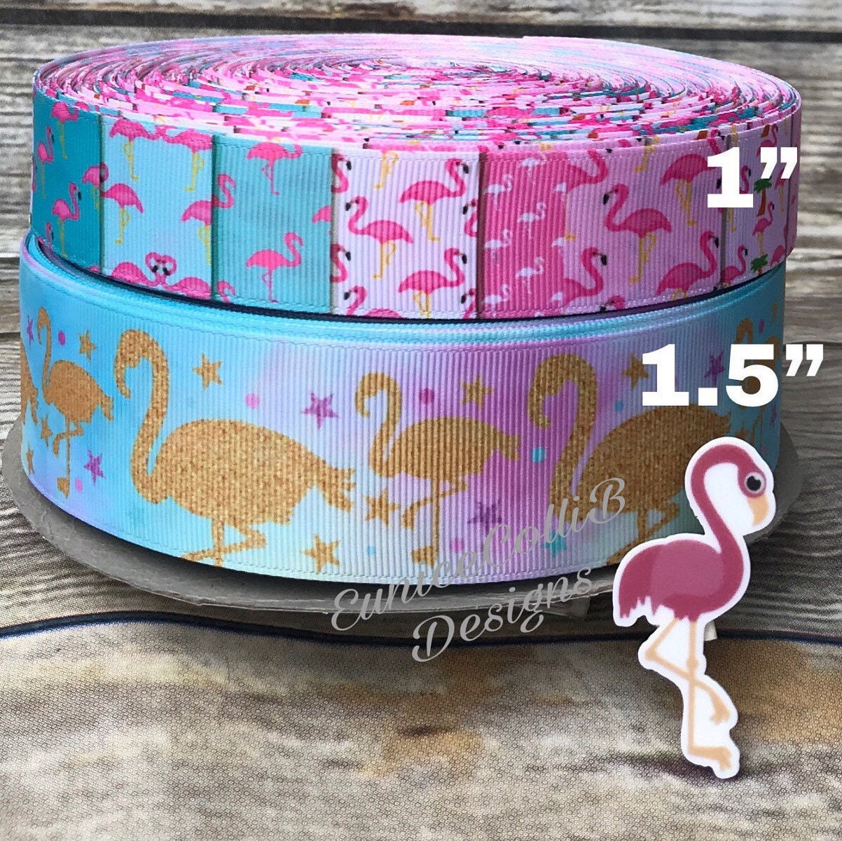 Flamingos in a row on 5/8 Lt. pink single face satin ribbon, 10 Yards