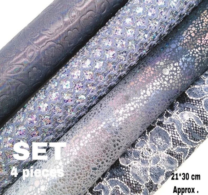 4 pcs .Blue gray glitter faux leather Gray mesh glitter leather Lace blue gray glitter faux leather Blue smooth patent faux for bows