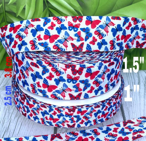 CRAFT SUPPLY grosgrain ribbon.  butterfly ribbon . 4th of July grosgrain ribbon. Patriotic ribbon. USA ribbon.4th of July ribbon.