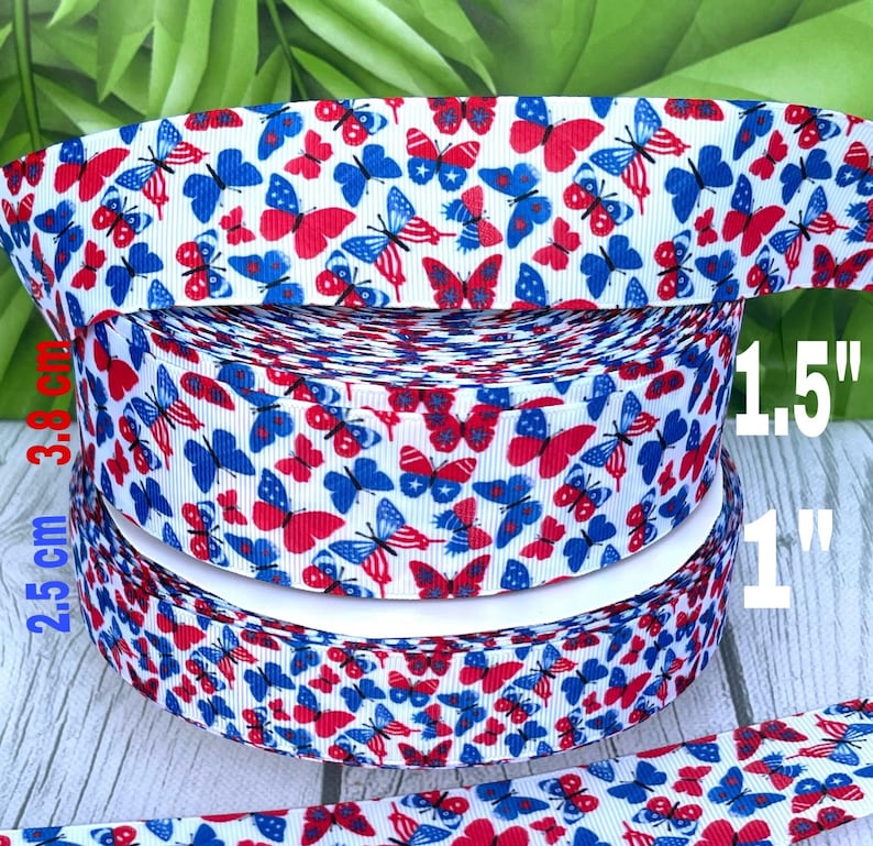 CRAFT SUPPLY grosgrain ribbon. butterfly ribbon . 4th of July grosgrain ribbon. Patriotic ribbon. USA ribbon.4th of July ribbon. image 1