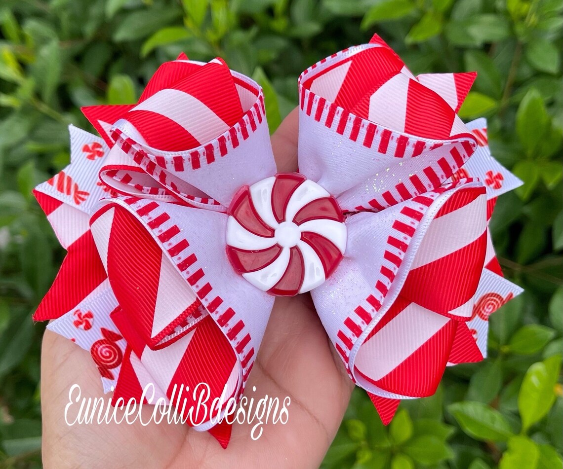 HANDMADE. Candy Cane Hair Bow. Christmas Hair Bow. White and Red ...