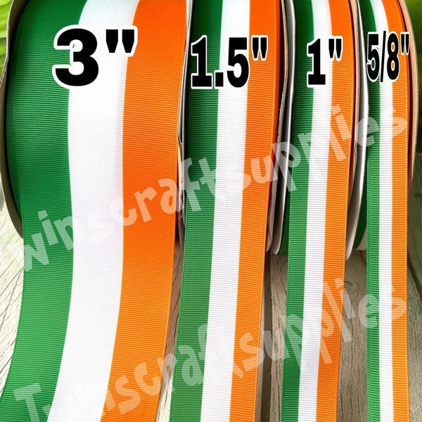CRAFT SUPPLY. Ireland flag grosgrain ribbon. Irish flag ribbon. Green,white and orange ribbon. India flag colors ribbon.