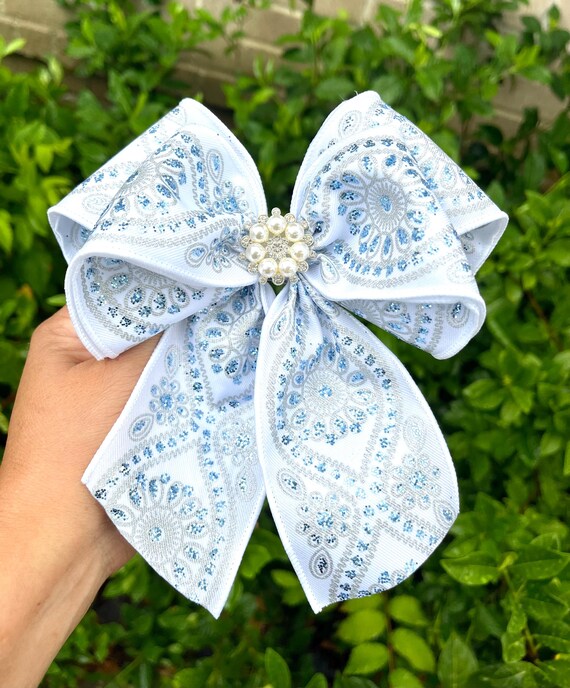 White and Blue Glitter Hair Bow. White Blue Hair Bow. Charro 