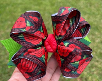 HANDMADE. Ethnic red flowers hair bow. folk art  Hair bow. Ethnic hair bow. Ethnic Flowers bow. Flowers hair bow. Ethnic flowers clip bow.