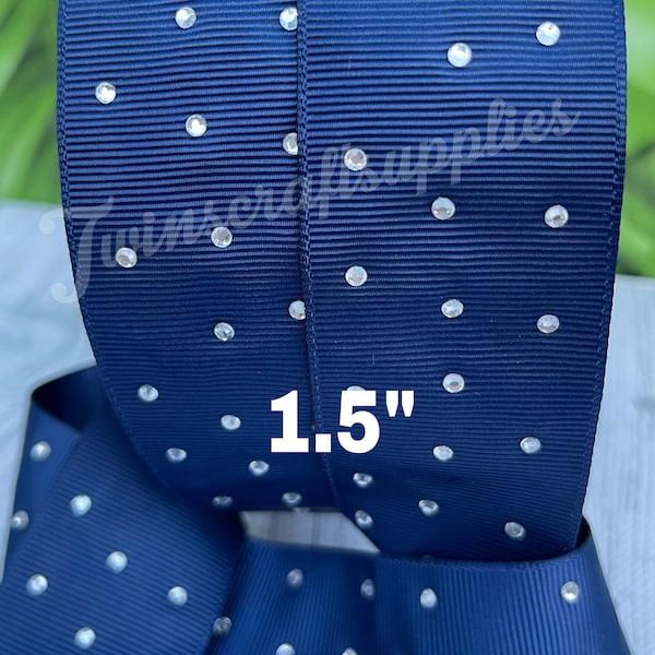 CRAFT SUPPLY.  Rhinestone on navy blue grosgrain ribbon.  ribbon with rhinestones. Rhinestone on navy blue  ribbons . Hair bow ribbons.