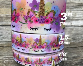 Unicorn grosgrain ribbon. Unicorn ribbon. Rainbow unicorn ribbon. Pink unicorn ribbon. CRAFT SUPPLY.