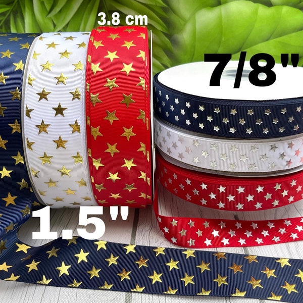 CRAFT SUPPLY 1.5” Foil stars grosgrain ribbon. Stars on red ribbon. Patriotic ribbon . Usa flag ribbon. Stars ribbon. Stars on white ribbon.