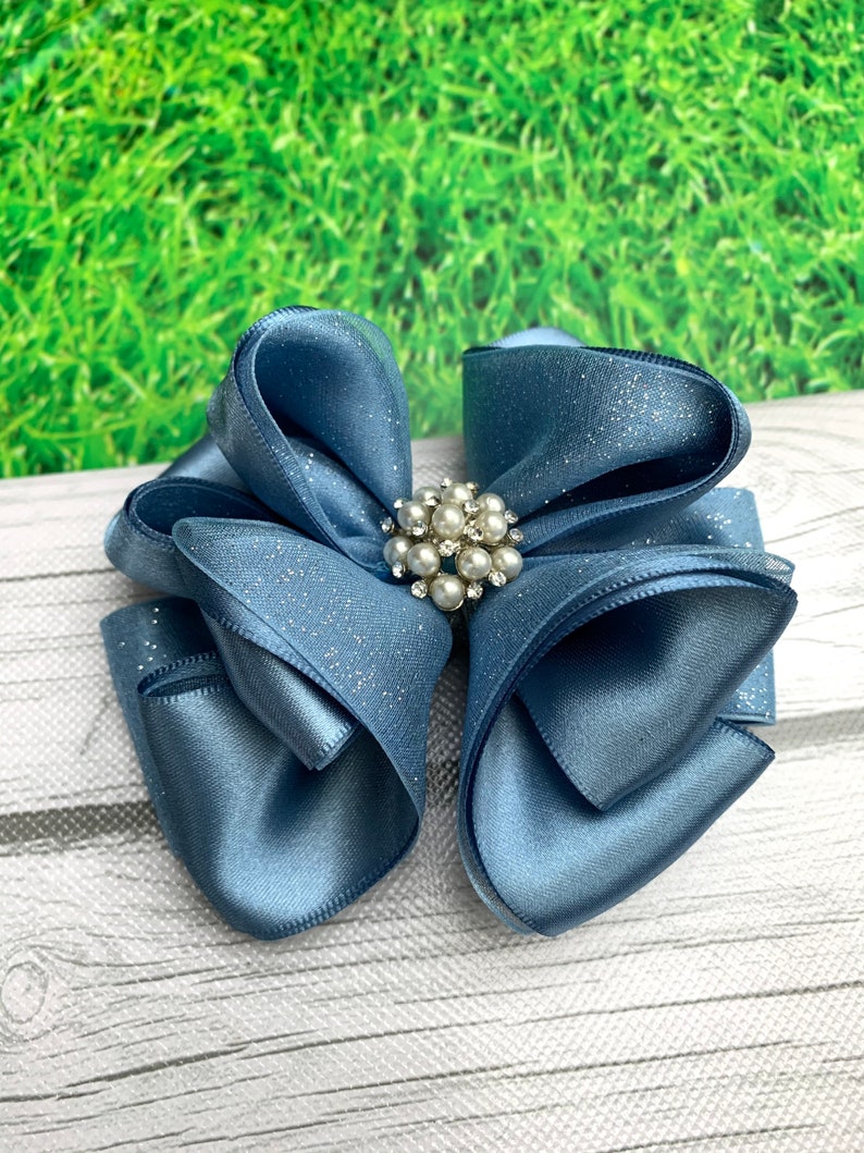 Blue hair bow. 3 twisted ribbons Ant blue organza and satin hair bow 4.5 Ant blue hair bow
