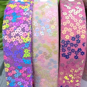 CRAFT SUPPLY . 1.5” pink sequin flowers ribbon.Flowers  ribbon. Sequin Purple flowers ribbon.