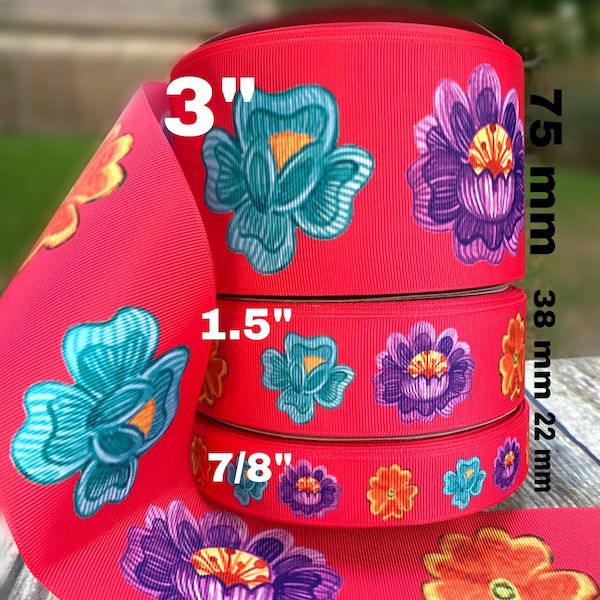 CRAFT SUPPLY. 3”,1.5", 7/8" ethnic flowers grosgrain ribbon. folklor Grosgrain ribbon. Mexican Flowers grosgrain ribbon . Flowers ribbons,