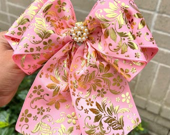 Pink gold hair bow. Pink mariachi Hair bow.pink Charro hair bow . Mexico . Moño mexicano.pink Mexican hair bow. Mariachi clip bow. HANDMADE.