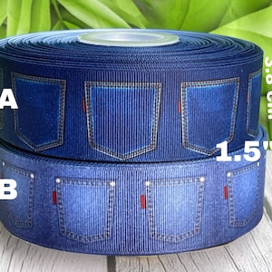 CRAFT SUPPLY 1.5”Denim printed grosgrain ribbon., jeans ribbon. Denim ribbon Jeans printed grosgrain  ribbon . Jeans ribbons.
