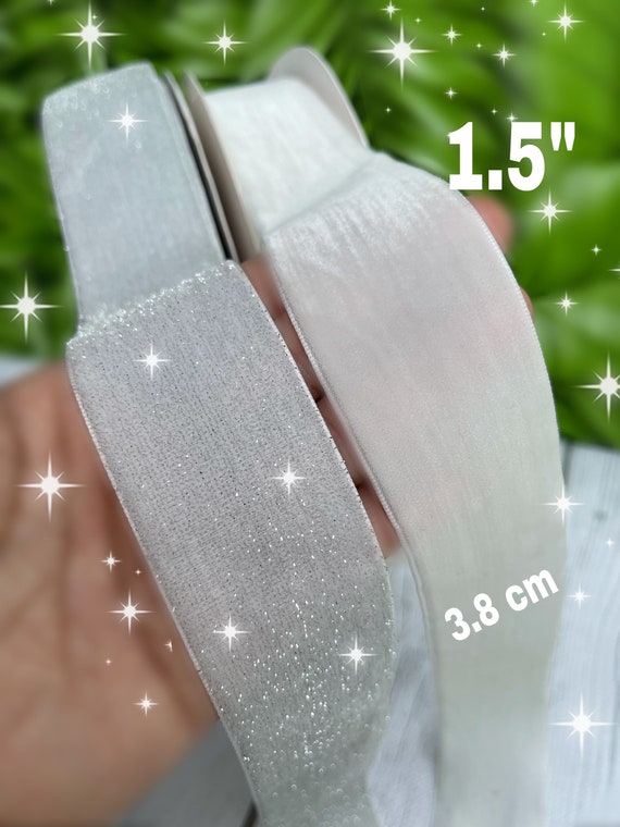 CRAFT SUPPLY 1.5 VELVET White Ribbon. Silver Glitter Velvet Ribbon