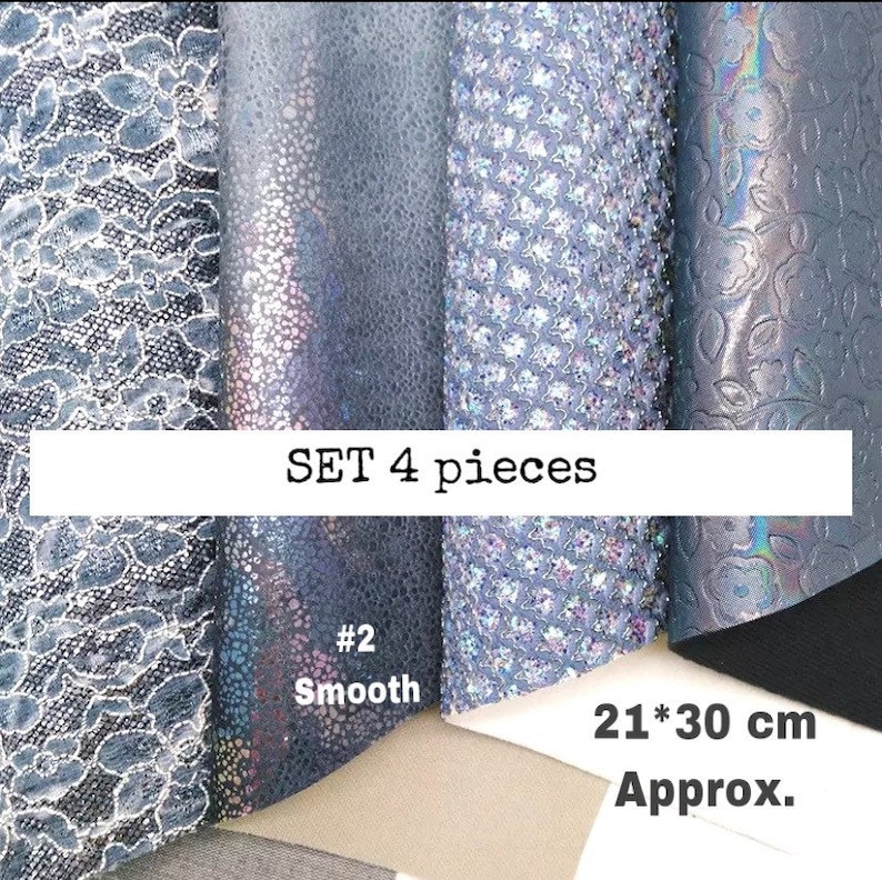 4 pcs .Blue gray glitter faux leather Gray mesh glitter leather Lace blue gray glitter faux leather Blue smooth patent faux for bows