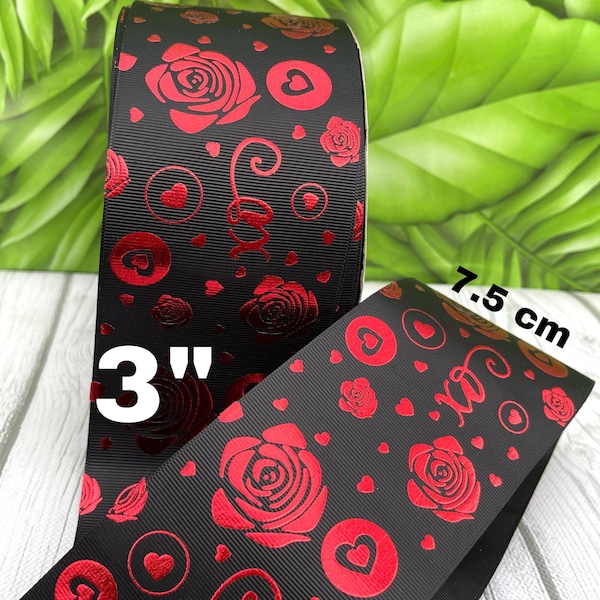 CRAFT SUPPLY 3” foil red Roses on black ribbon. Red  roses ribbon. Mother’s Day ribbons. Valentine’s ribbons. Roses  ribbons