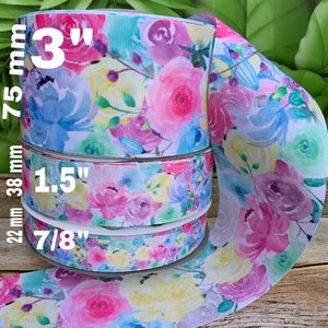 CRAFT SUPPLY flowers grosgrain ribbon. Pastel flowers ribbon. Pink, blue, yellow flowers ribbon. Flowers ribbon. Pastel flowers ribbons.