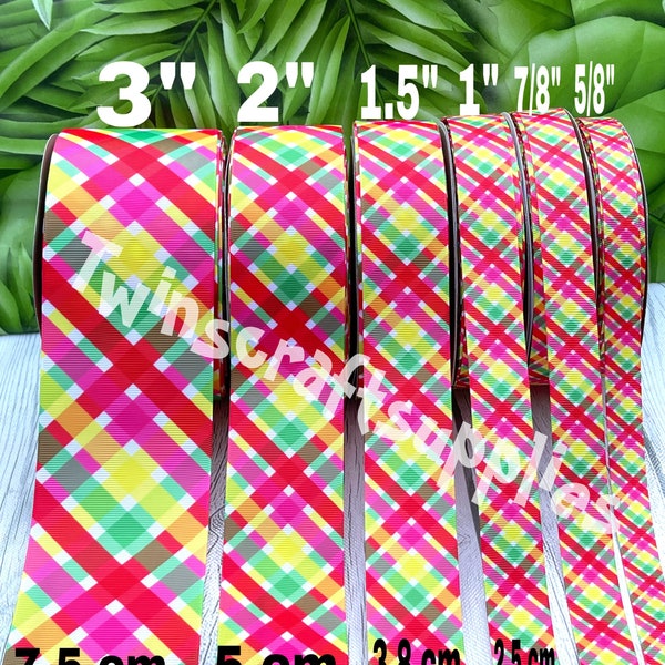 CRAFT SUPPLY. Bright colors plaid ribbon.. summer  plaid ribbon. Plaid ribbon .orange green plaid ribbon. PinkOrange Buffalo ribbon.