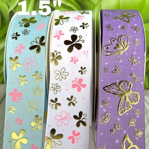 CRAFT SUPPLY Foil butterfly grosgrain ribbon.Butterfly ribbon. Blue butterfly ribbon .butterfly on white ribbon. Butterfly on purple ribbon.