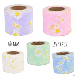 May include: Five rolls of 60 mm wide, 25 yard long floral ribbon. The ribbon is a sheer mesh fabric with a white daisy pattern on a variety of pastel colors: lavender, pink, light green, cream, and light blue.
