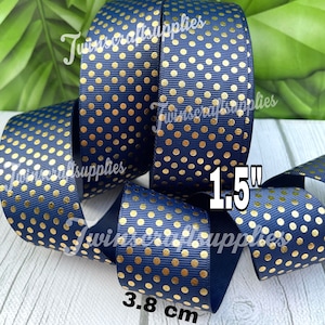 CRAFT SUPPLY. Gold foil polka dots on navy  blue grosgrain ribbon. Navy  blue  polka dots  ribbon.  Navy Blue polka ribbon.