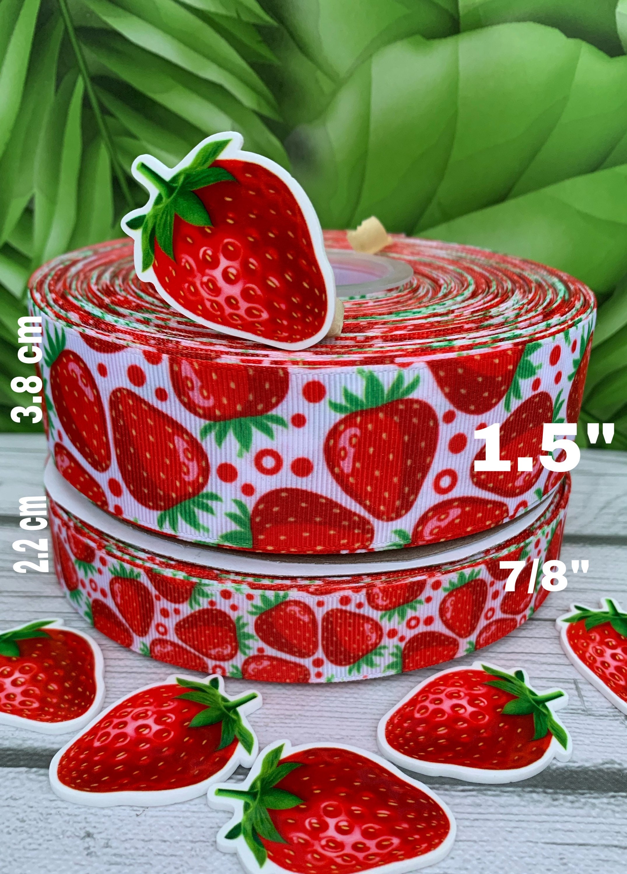 Strawberry Ribbon, US Designer Ribbon, Fruit Ribbon, Summer Fruit,  Strawberries, Lanyard Ribbon, Hair Bow Ribbon, Wholesale Ribbon, PER YARD