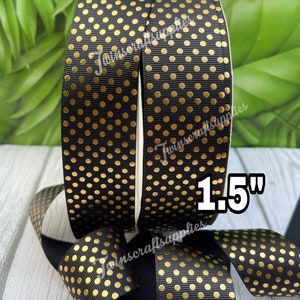 CRAFT SUPPLY. Gold foil polka dots on black grosgrain ribbon. Black polka dots  ribbon. Black polka ribbon. Black Polka dots ribbon.