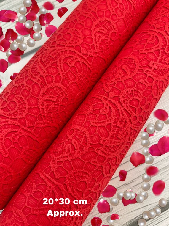 CRAFT SUPPLY Red Lace embossed faux leather vinyl fabric sheet textured.  Red faux leather sheet. Red faux leather sheet.
